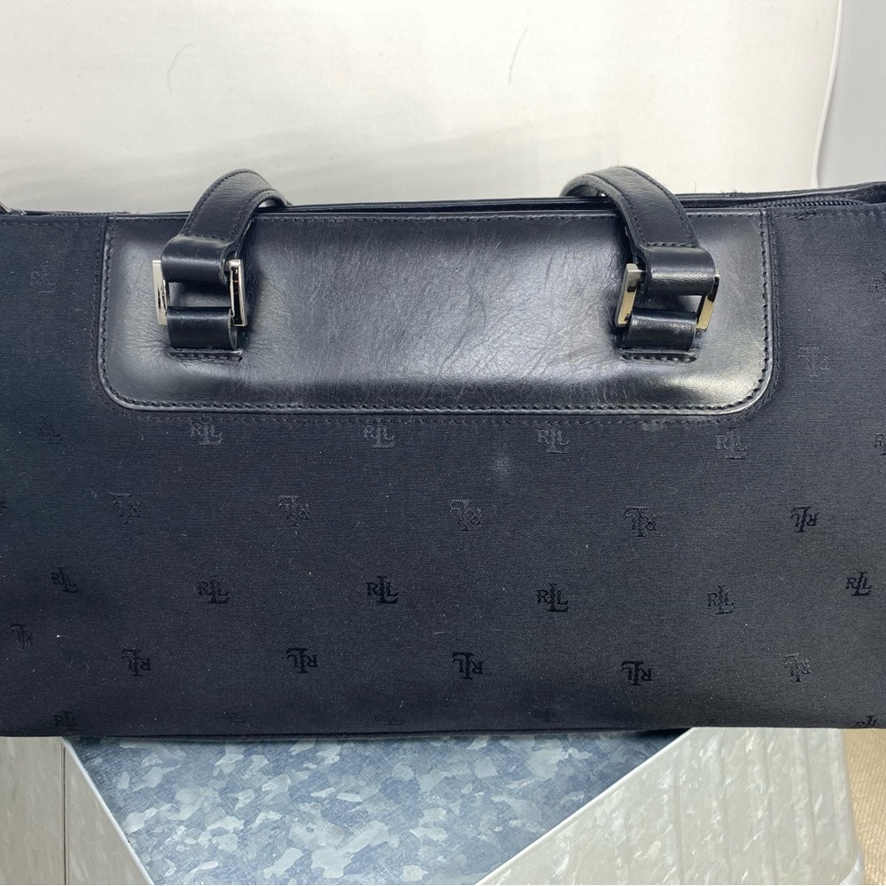 LAUREN RALPH LAUREN BLACK FABRIC SHOULDER BAG W/LEATHER TRIM